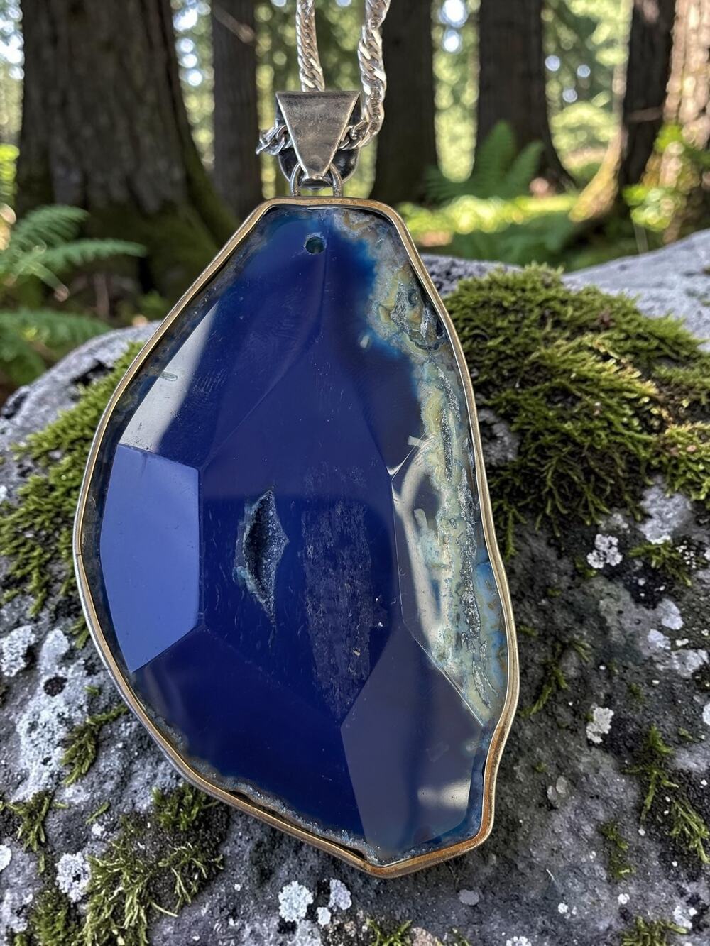 Vintage Sterling Silver Blue Agate Statement Pendant Faceted Freeform Slice Desi
